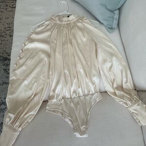 Cream silk button bodysuit blouse. Size S